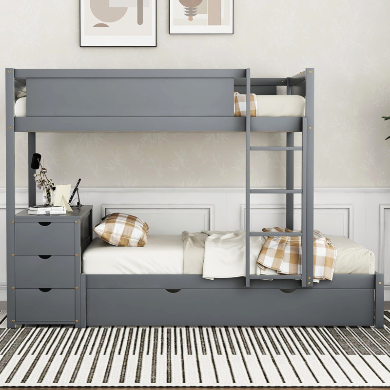 Lit superposé avec bureau, rangement, lit gigogne simple gris pour plus d'espace