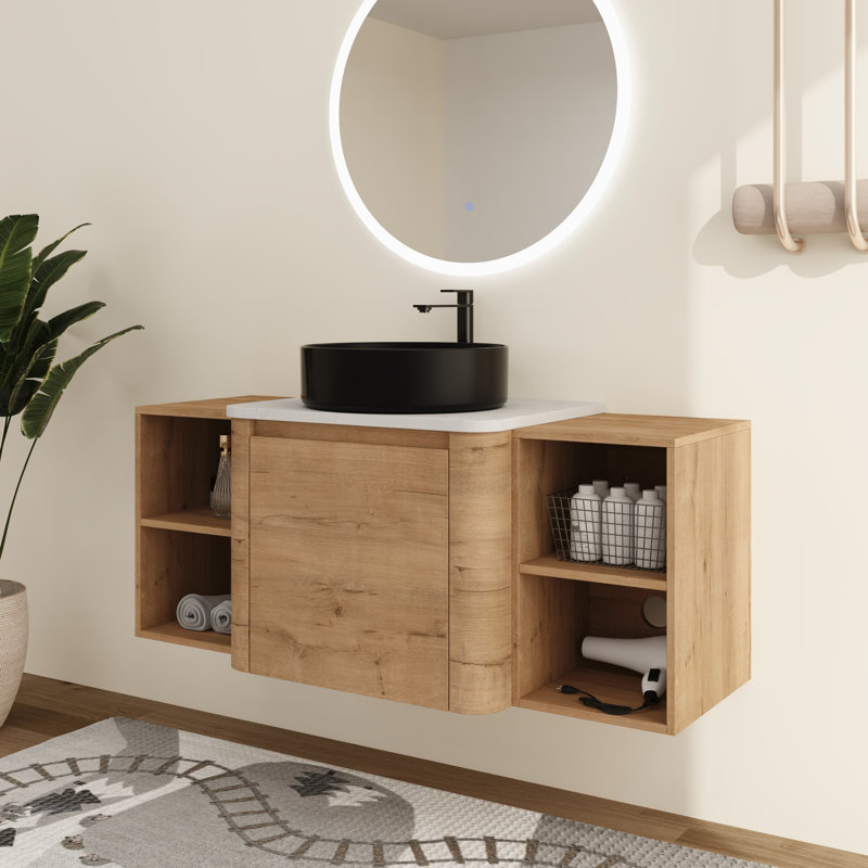 Ensemble de meuble-lavabo simple Greythor avec lavabo en céramique et tablettes de rangement, ensemble de meuble-lavabo simple avec plateau en pierre reconstituée