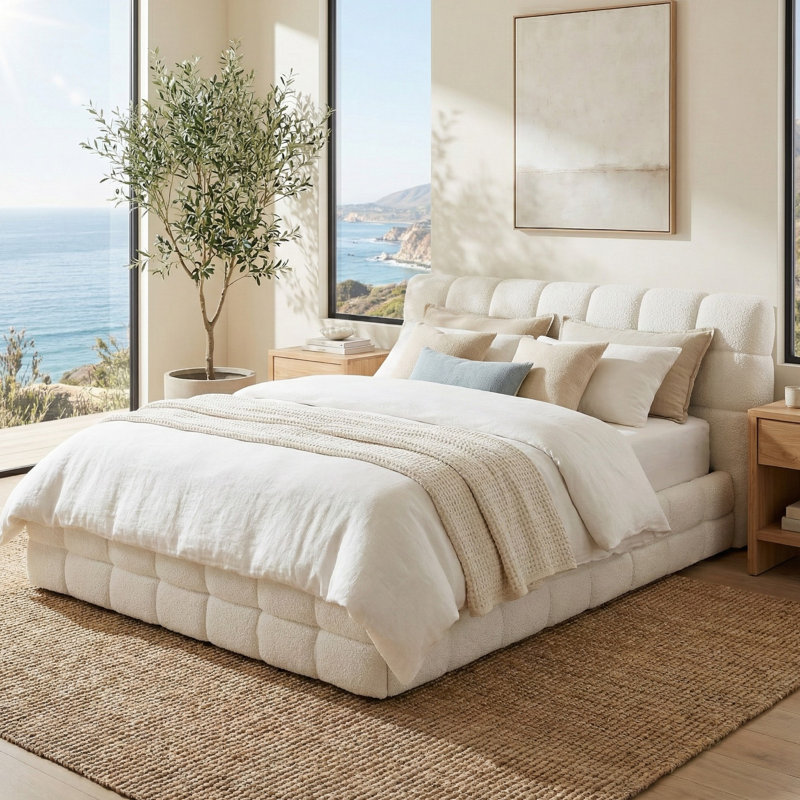 Plush Upholstered Bed, White, Queen