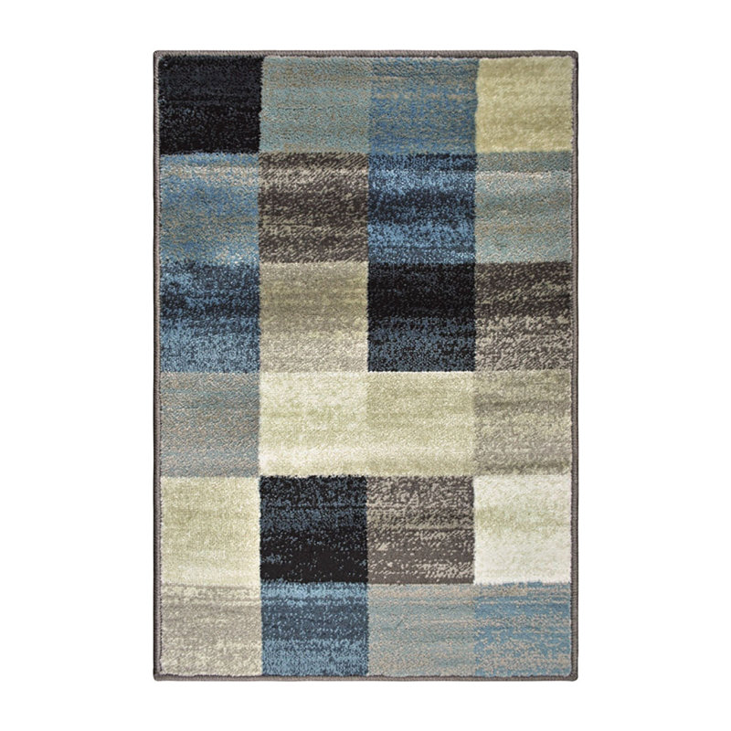 Tapis brun / bleu sarcelle / gris en laine tissé à la main Dawnyelle, Rectangulaire 2 pi x 4 pi