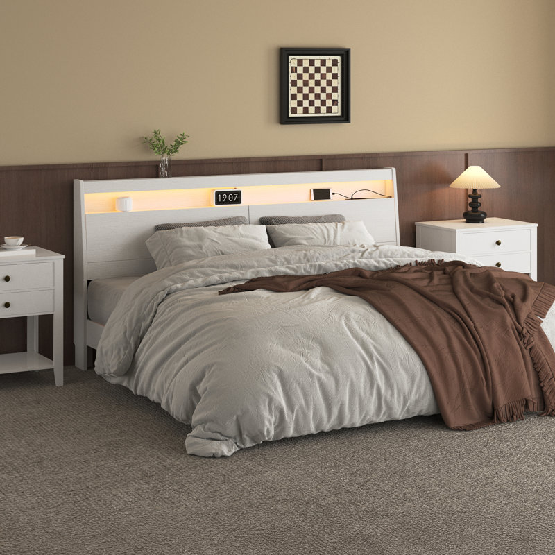 Queen Size White Headboard with LED Lights, Charging Station & Storage Shelf, Wooden Bed Headboard with Hidden Compartment & USB/AC Outlets, Modern RGB LED Bed Headboard for Bedroom