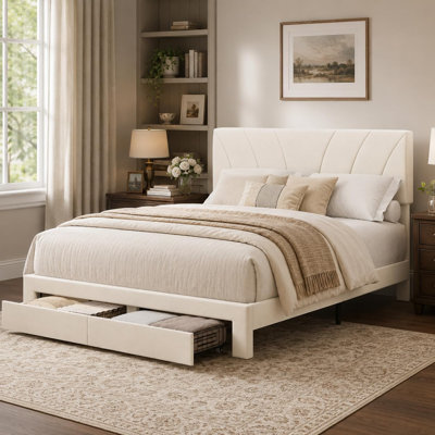 Full Size Velvet Upholstered Platform Bed Frame with Headboard and 2 Underbed Storage Drawers, Wooden Slat Support Design, No Extra Foundation Required, Easy Assembly, Beige