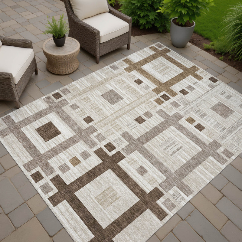 Tapis géométrique intérieur / extérieur lavable à la machine Chantille ACN2708, 8 pi x 10 pi, Beige