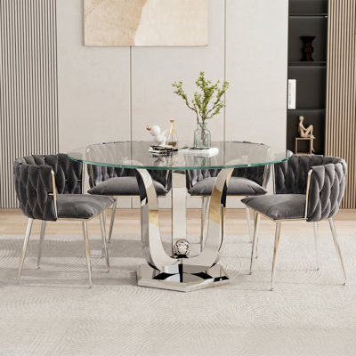 47.2"Round Tempered Glass Dining Table Set For 4, Modern Kitchen Table With Silver Stainless Steel Base & 4 Velvet Upholstered Chairs, 5 Piece Dining Room Set For Apartment, Home - Grey Chair