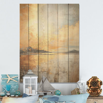 Beige et plage dorée, coucher de soleil paradisiaque I - Coastal Sunset, art mural sur bois de pin naturel