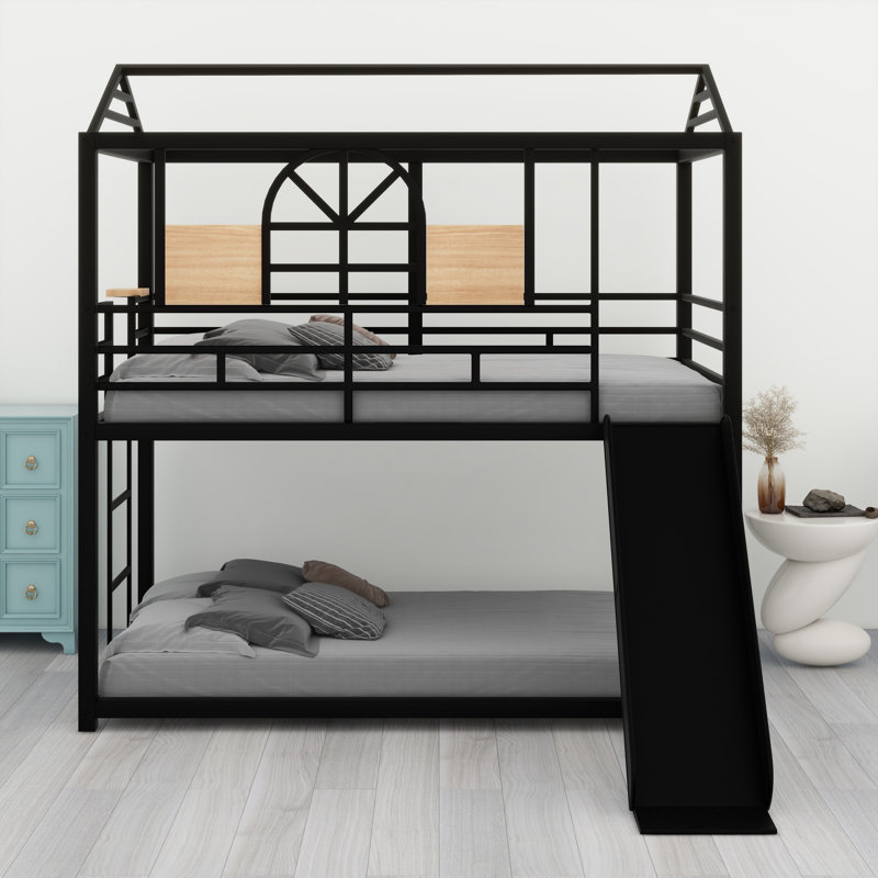 Metal House Bunk Bed With Slide, Black