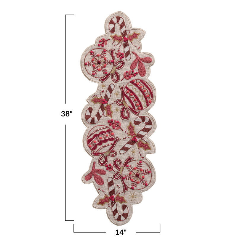 Chemin de table imprimé brodé à la main avec appliques, ornements, cannes de bonbon, perles et pompons
