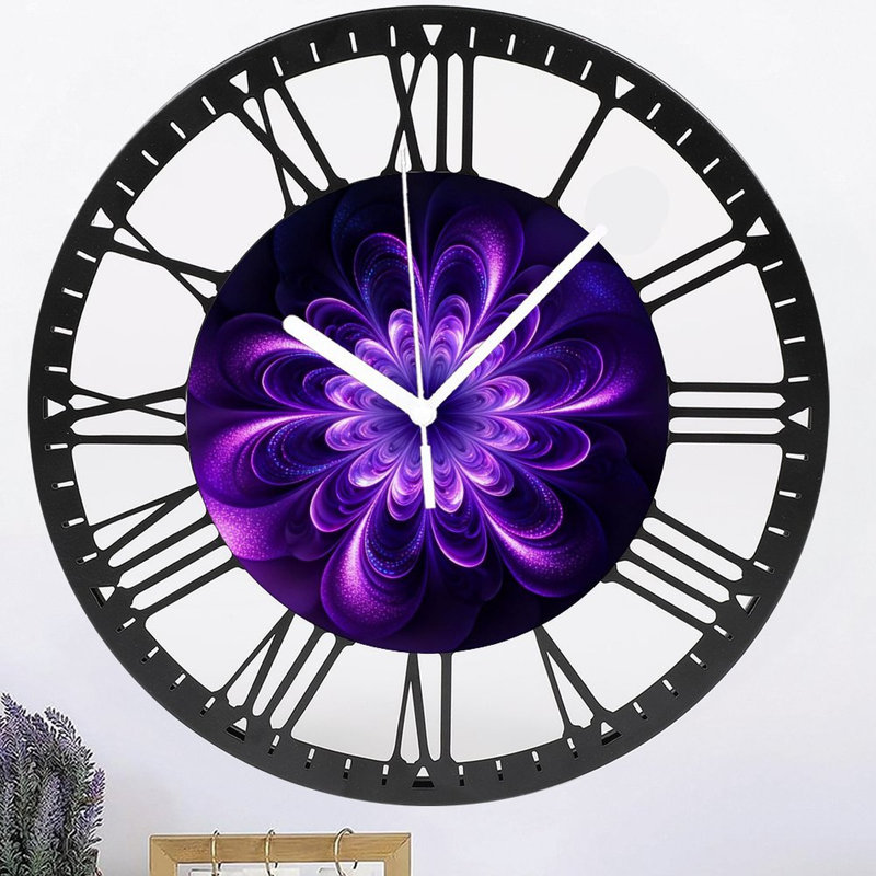Horloge murale ronde en fer 10 po avec mouvement à quartz silencieux, chiffres romains, impression UV, Mauve foncé