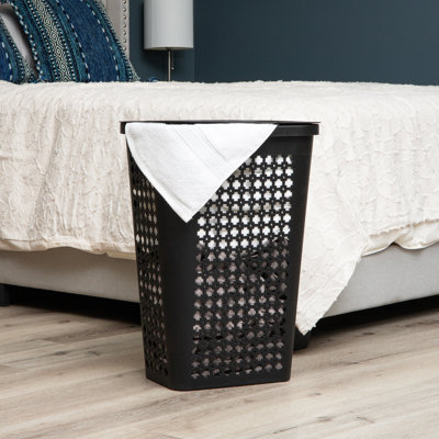  Slim Tapered Laundry Hampers with Lid, Clothes Basket with Swiss Cross Cut-Outs, Lightweight & Ventilated, Plastic, Set of 2 , Black