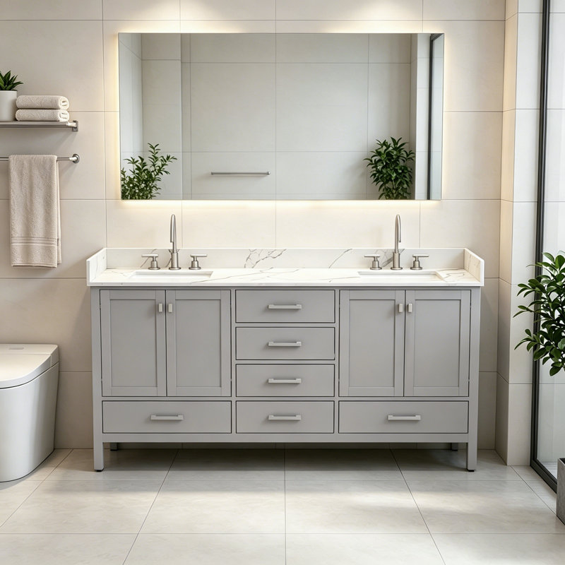 72'' Double Bathroom Vanity With Quartz Stone Top, Gray, Brushed Nickel