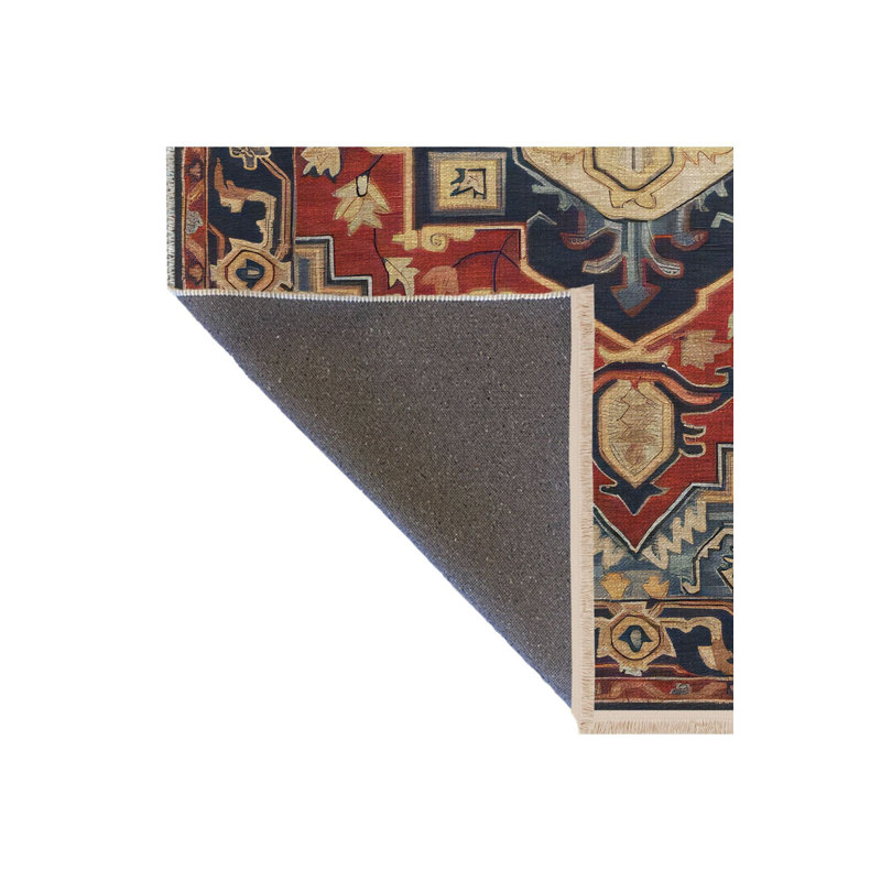 Tapis décoratif rétro traditionnel bleu et rouge lavable à la machine, Sous-tapis rectangulaire de 3 pi 3 po x 4 pi 11 po