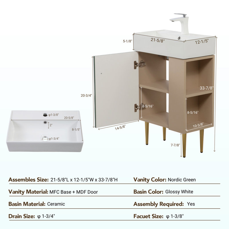 Meuble-lavabo à tablettes 21,6 po avec évier en céramique et porte à fermeture douce, armoire de rangement à tablettes ouvertes sur le côté droit, assemblage requis, vert