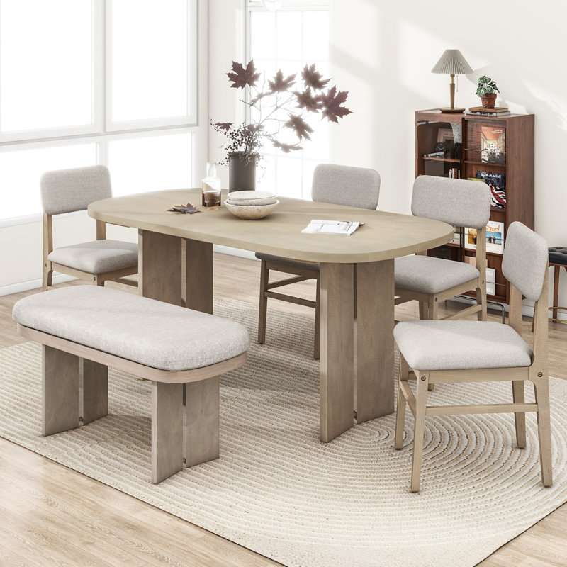 Solid Wood Dining Table Set With Bench - 6-Piece Upholstered Rectangular Dining Room Table Set With Bench, Beige, Brown