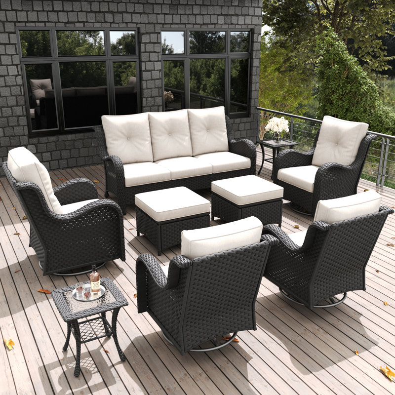  9 Pieces Outdoor Patio Furniture Set, Rattan Wicker Sectional Swivel Rocker Chairs Sets With Ottomans, Swivel Glider Chairs,single Chairs And Coffee Table