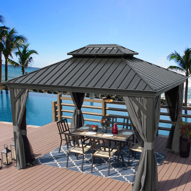 Kozyard Alexander Gray Double Roof Hardtop Gazebo with Privacy Curtain Mosquito Netting, 12 (ft) x 10 (ft)