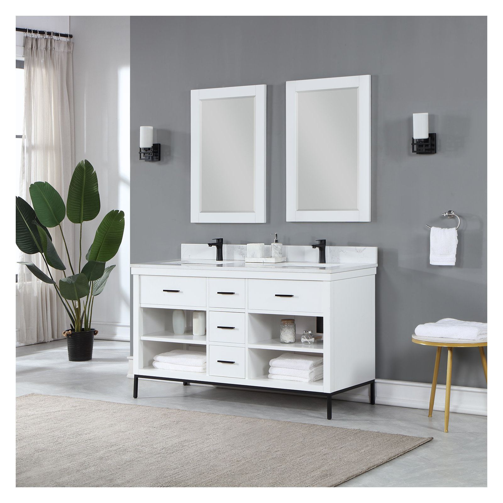 Adaire 60'' Double Bathroom Vanity, Matte Black, White