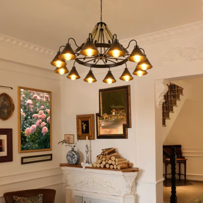 12-Light Rustic Farmhouse Pendant Chandelier, Industrial Style Metal Ceiling Light Fixture With Hemp Rope, Semi Flush Mount, For Switch Control, 110V Hardwired, With Installation Hardware Included For Home Decor