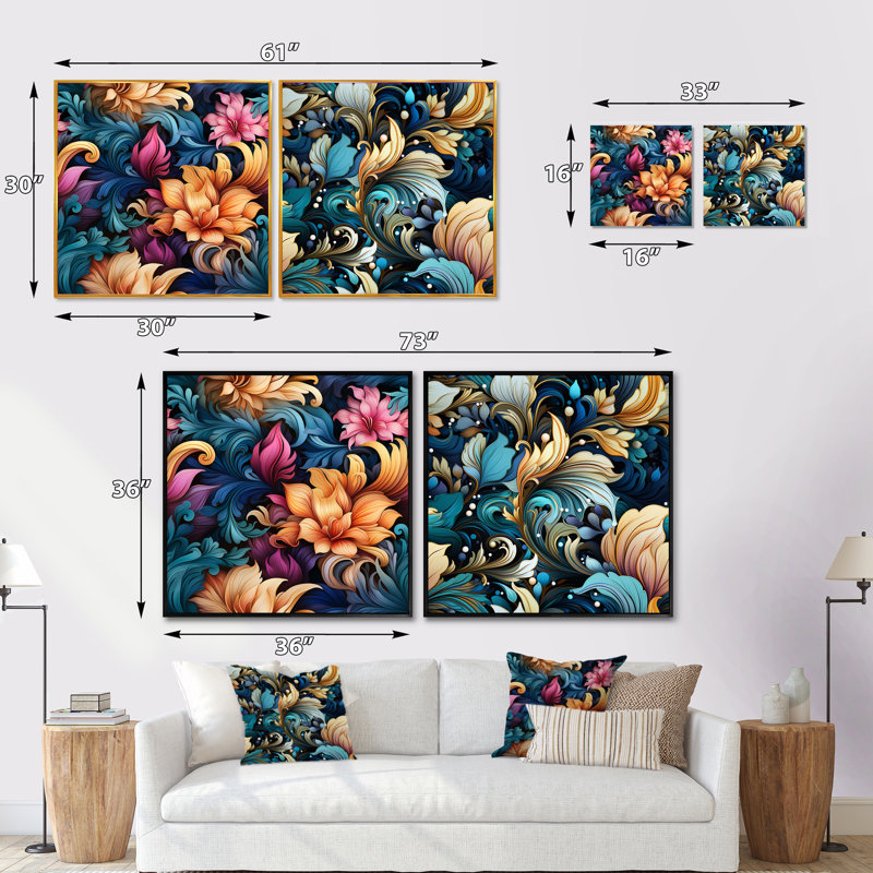 Wareham - Ensemble de 2 collages carrés floraux et botaniques, Cadre flottant noir, H 16 po x l 33 po