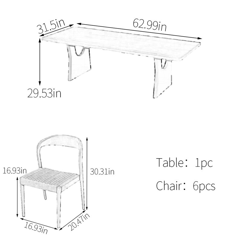 Solid wood ash simple dining table set, 29.53" H x 62.99" L x 31.5" W, White, 7