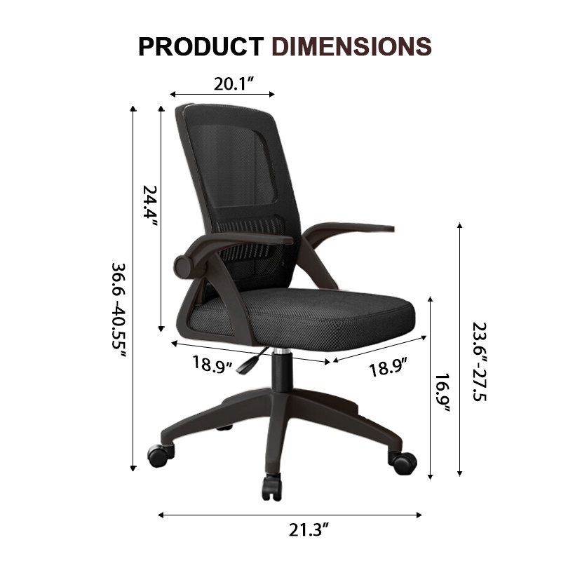 Chaise de bureau XUEGW à dossier haut en maille respirante, hauteur réglable, accoudoirs rabattables, soutien lombaire, noire