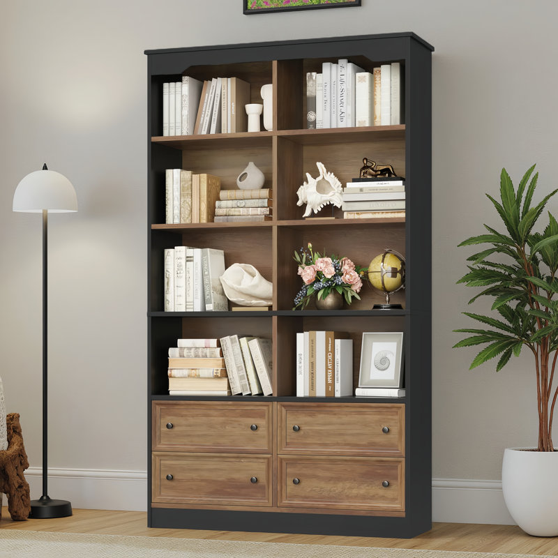 Kirklyn 6-Tier Standard Bookcase with 4 Drawers, Wood/Black