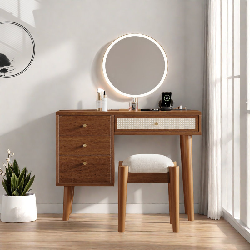 Bohemian Style Makeup Vanity Set With 4 Drawers, Charging Plug, Usb Port And Stool, Walnut
