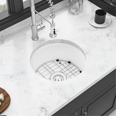 Évier en céramique 18 po - bol simple, choix de montage double, pour les rayures et la décoloration, blanc avec grille de fond de cuisine de 18 po, chaleur, blanc, surface d'assemblage