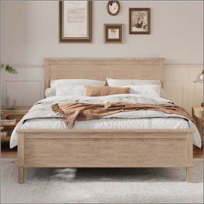 Lit plateforme Mid-Century en bois massif et panneau de fibres à densité moyenne avec pieds fuselés, support de lattes de bois et rangement sous le lit, aucun sommier nécessaire