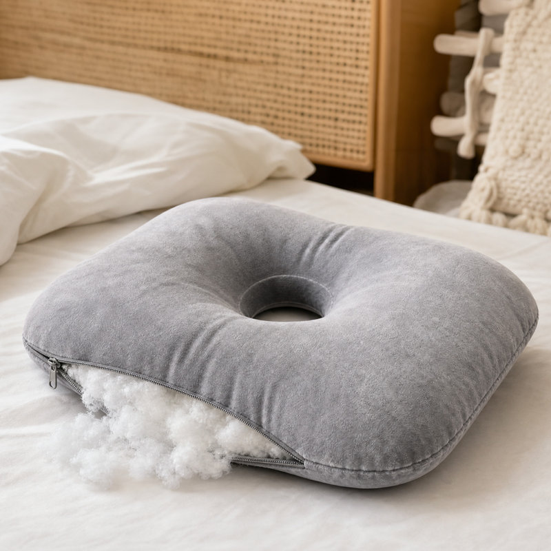 Oreiller réglable pour dormeurs latéraux avec ouverture centrale, gris