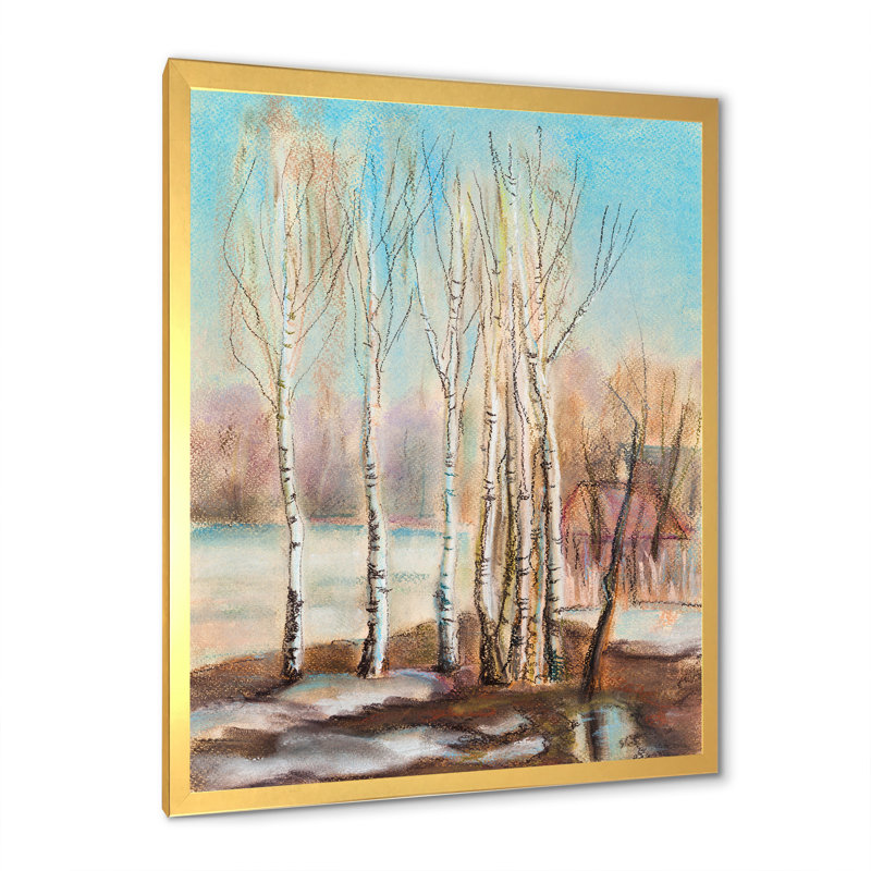Bouleaux au soleil - Peinture, H 36 po x l 24 po x P 1 po, Cadre photo doré