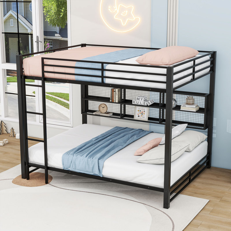 Queen Over Queen Bunk Bed With Multicolor LED And Side Storage Shelves,Ladder