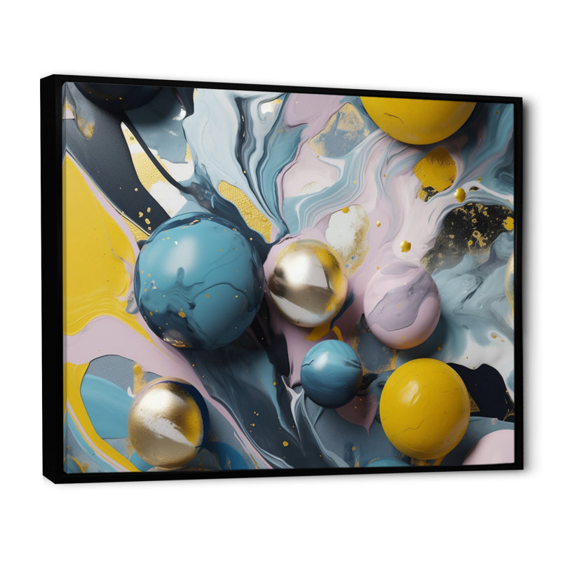 Jaune et bleu pierre fluide I - impression, H 12 po x l 20 po x P 1 po, Cadre flottant noir