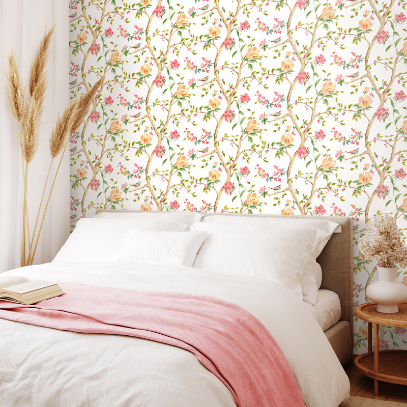 Bird Song - Silver 10m Wallpaper, White Floral