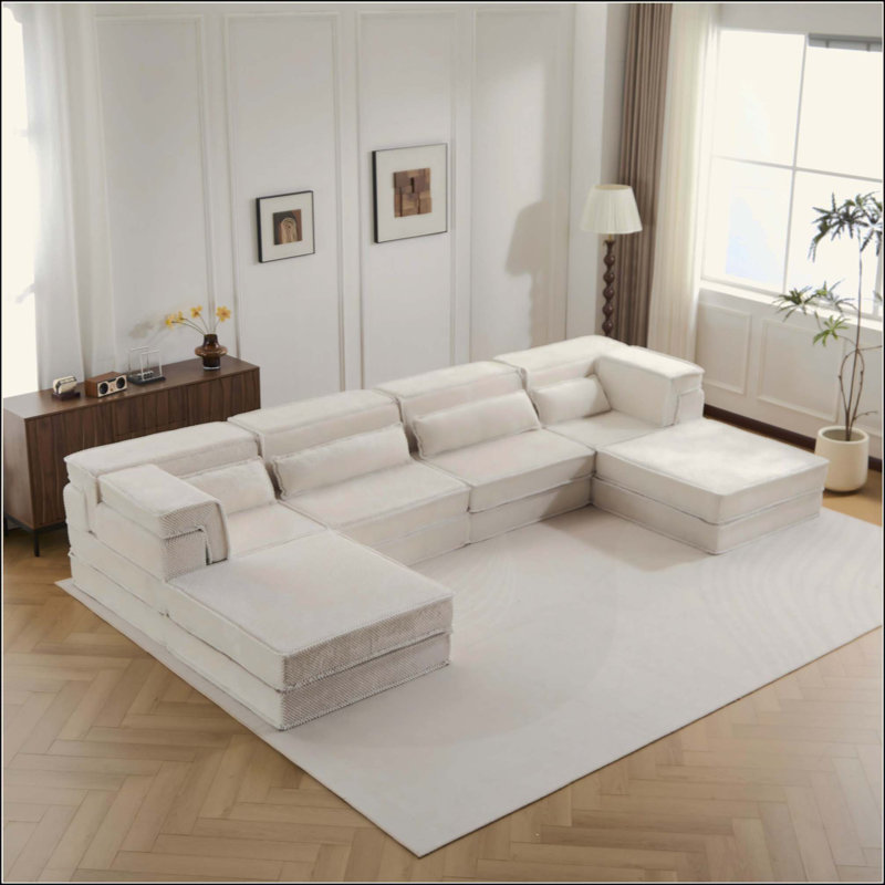 Canapé à compression Mahjong, canapé-lit convertible au sol, canapé modulaire modulaire désossé DIY, aucun assemblage requis, tissu polaire circulaire, surdimensionné à 4 places avec 2 repose-pieds