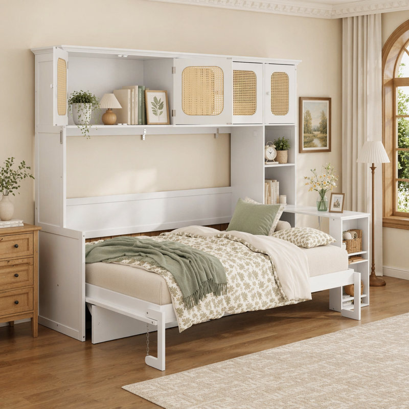 Lit escamotable double avec bureau et armoires en rotin, lit mural peu encombrant, Blanc