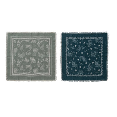 Ensemble de 4 serviettes de table carrées en lin à motif de branches de pin et de bords effilochés