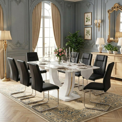Orren Ellis 9-Piece Modern Rectangular 71" Faux Marble Dining Set with Cantilever Chairs