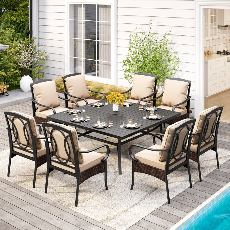Sutiya 8 - Person Patio Dining Set with Square Table , Cushions Included, Black
