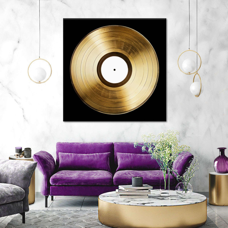 Disque vinyle doré sur toile, H 16 po x l 16 po x P 1,25 po
