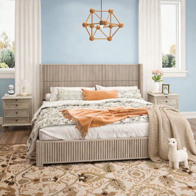 Solid Wood Platform Bed Frame With Headboard, No Box Spring Needed, Floor-Standing Bed, Easy Assembly, King Size,Beige