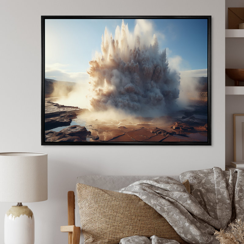 Éclat de geyser blanc Maslynn - Imprimé, Cadre flottant noir, H 16 po x l 32 po x P 1 po