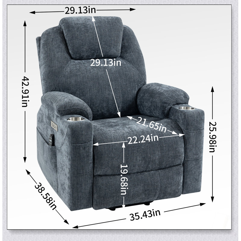 Up To 350 LBS Chenille Power Lift Recliner With 8-Point Vibration Massage, Lumbar Heating, USB And Type-C Ports, Stainless Steel Cup Holders