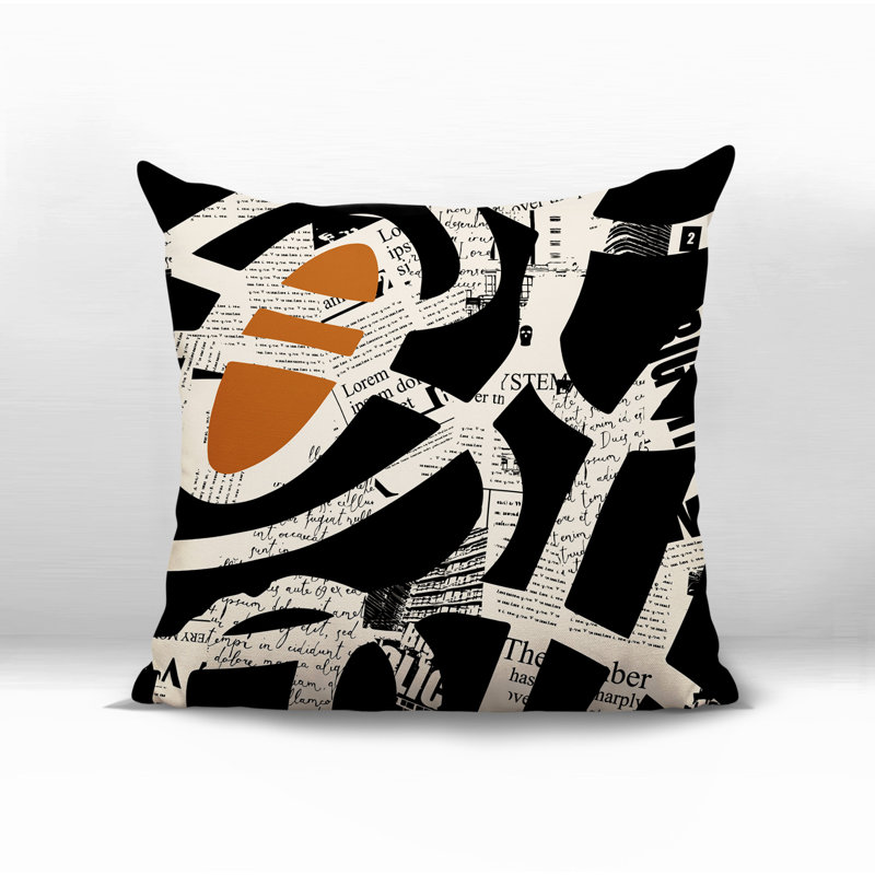 Oreiller carré réversible intérieur / extérieur Kaya, H 19 po x l 19 po, Orange brûlé / noir / blanc cassé abstrait