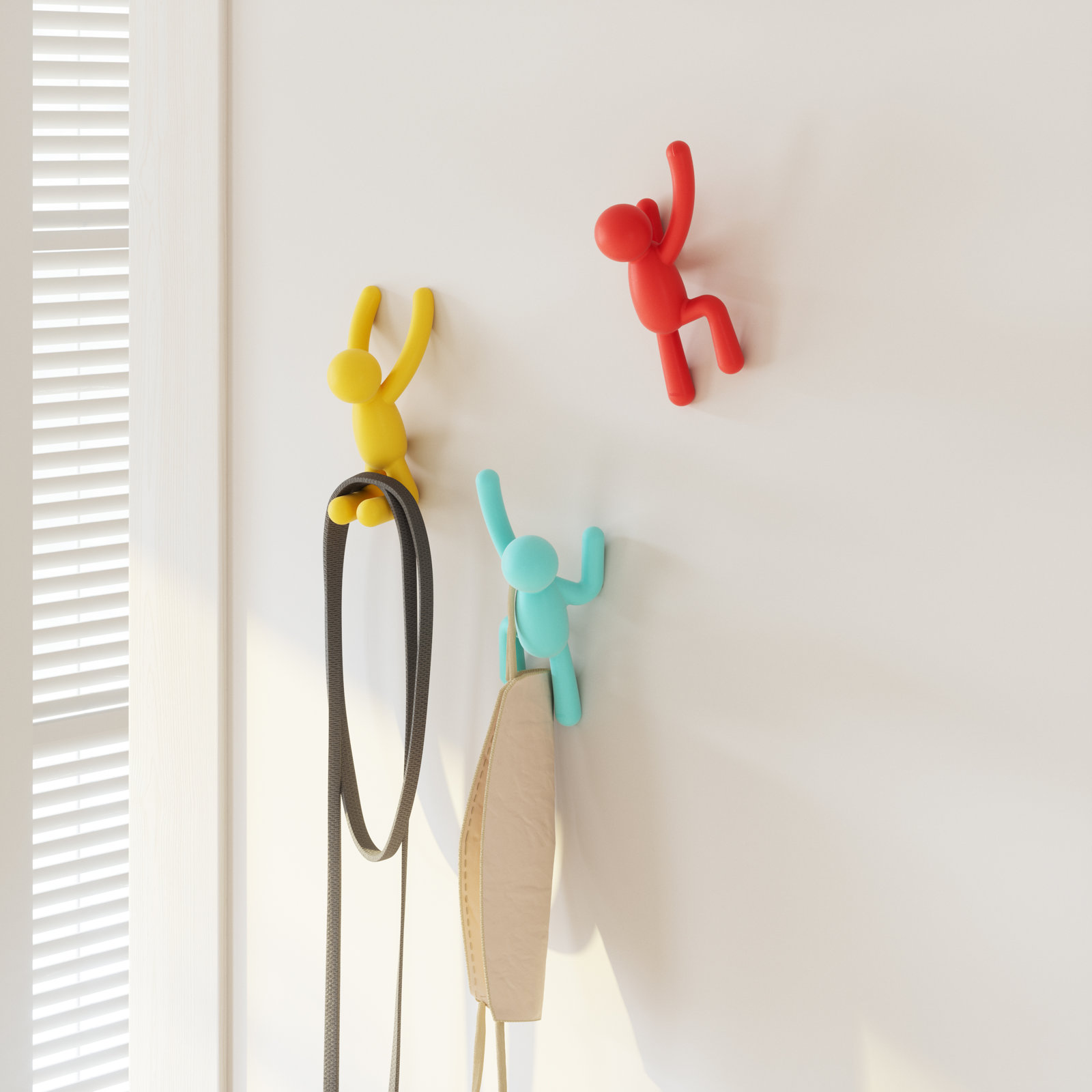 Buddy Wall Mounted Coat Hooks, Decorative Single Hangers for Entryway, Bedroom, Set of 3, Red/Blue/Yellow