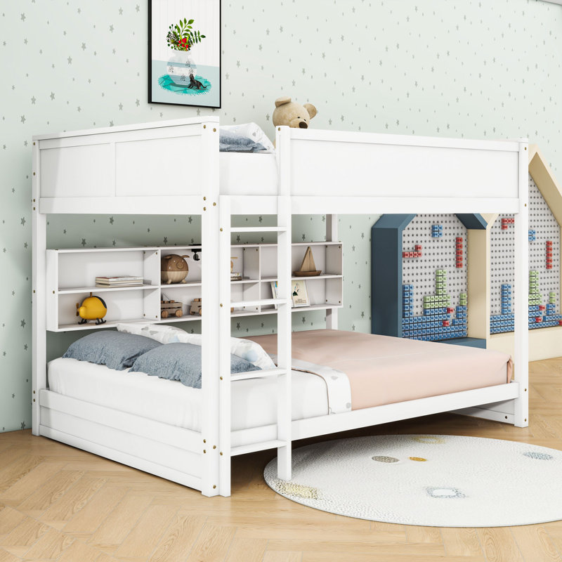 Lit superposé grand sur grand avec armoires de rangement et port USB, Blanc