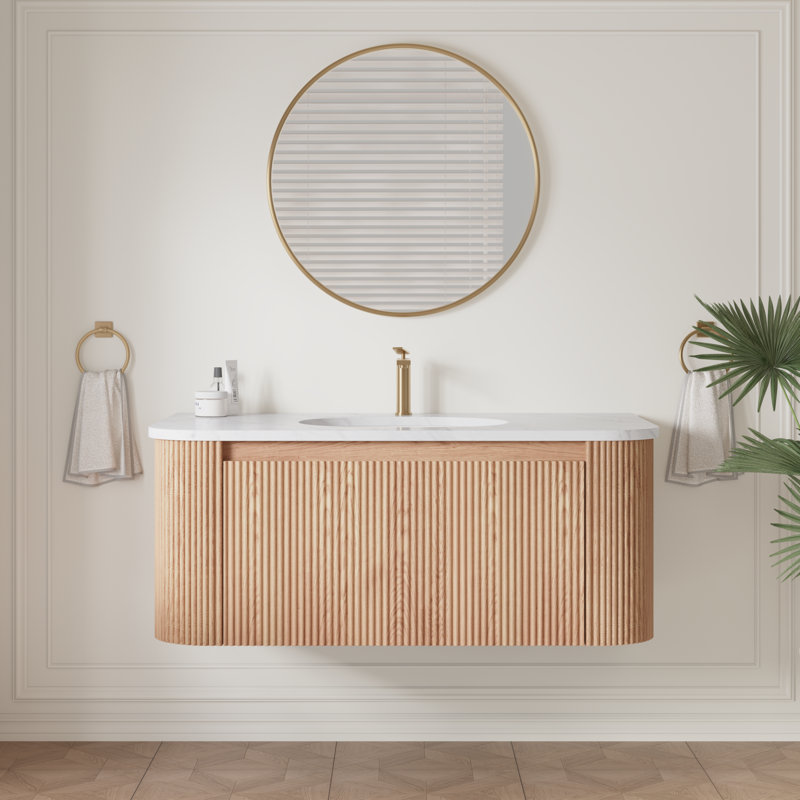 Meuble-lavabo mural 36 po avec comptoir en marbre artificiel Cararra, lavabo en céramique, conception courbée avec rayures, pré-assemblé