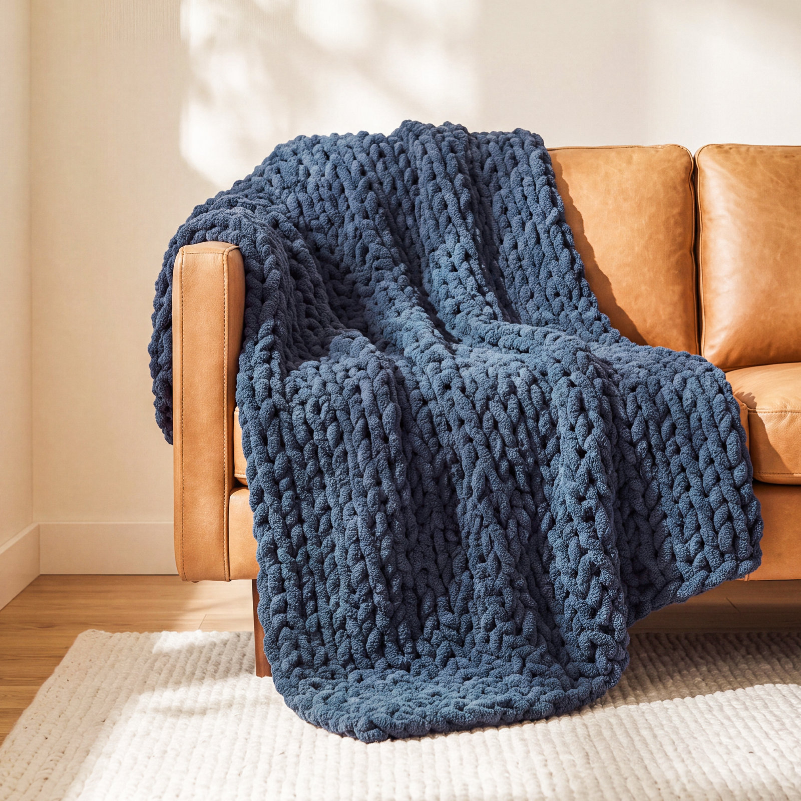 Chenille Chunky Knit Throw Blanket, Navy Blue