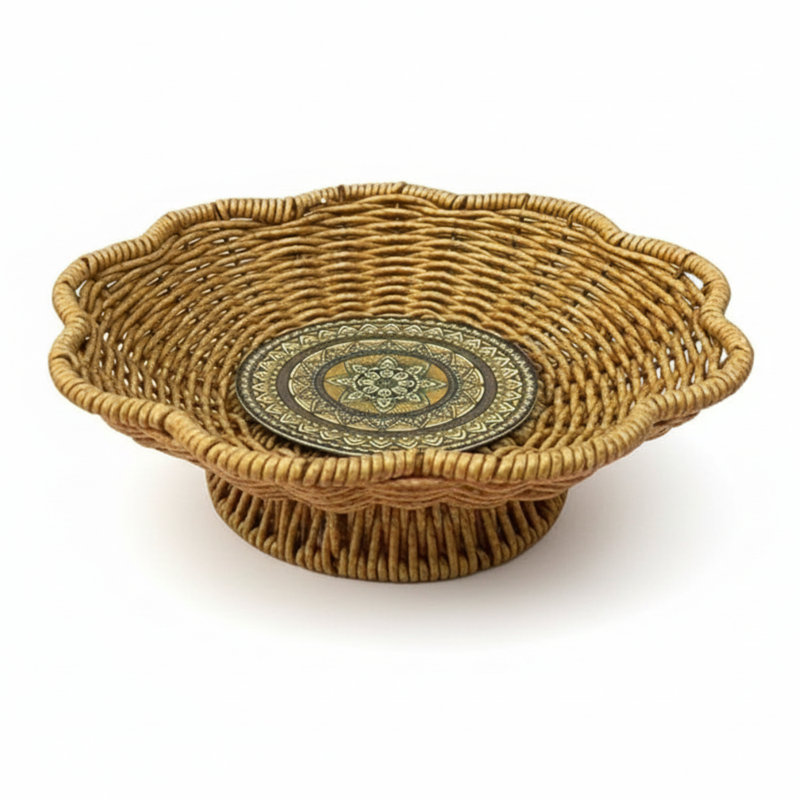 A Handcrafted Woven Storage Tray in a High-Foot Wave Shape, Featuring a Bohemian Pattern, 8.66" W x 8.66" D x 2.36" H