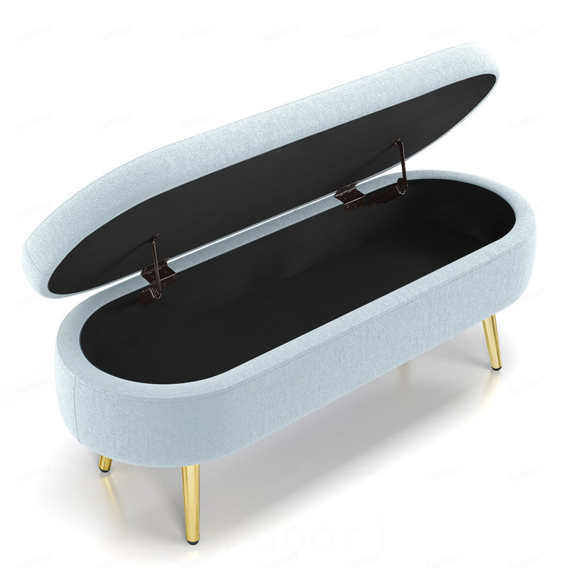 Banc de rangement repose-pieds ovale en flanelle avec pieds en métal, Bleu clair