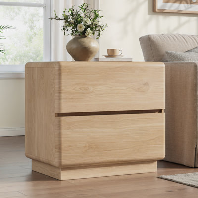 Ensemble de 2 tables de chevet avec station de charge, table de bout moderne de 23,6 po avec 2 tiroirs et base épaissie renforcée pour le salon de la chambre à coucher, chêne naturel